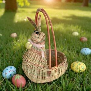 Vintage wicker Easter bunny basket, soft pastel colors, very sweet, no flaws